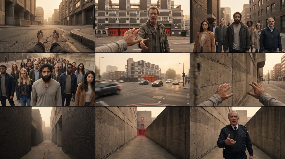 Nine-panel first-person street storyboard